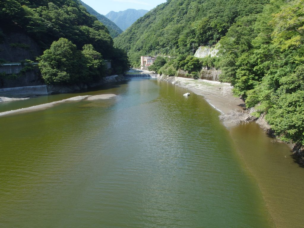 洪水期でも発電所下流の堰堤まで水が蓄えられている