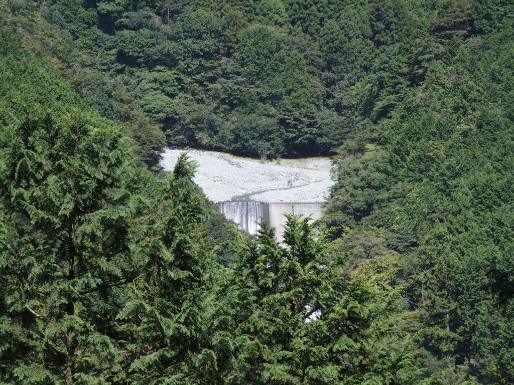 山の麓に中津川寄沢の堰堤が見える